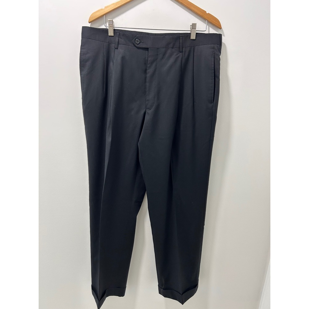 Jos. A. Bank Mens 37x30 Black 100% Wool Pleated Cuffed Dress Pants Trousers
